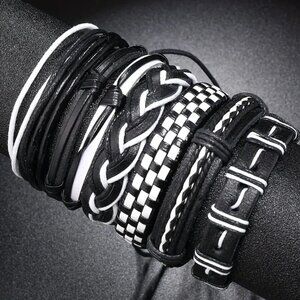 Men's Genuine Leather White & Black Bracelet Set